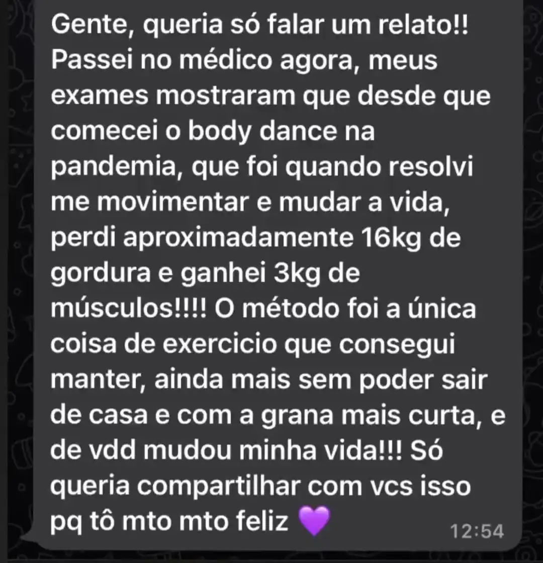 Depoimento 1 de aluna do BodyDance Express via WhatsApp