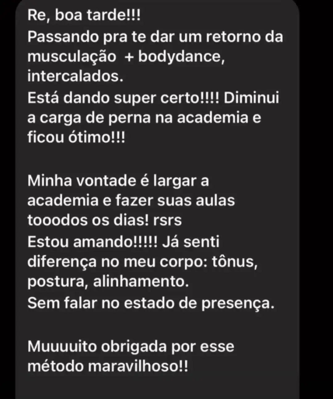 Depoimento 3 de aluna do BodyDance Express via WhatsApp